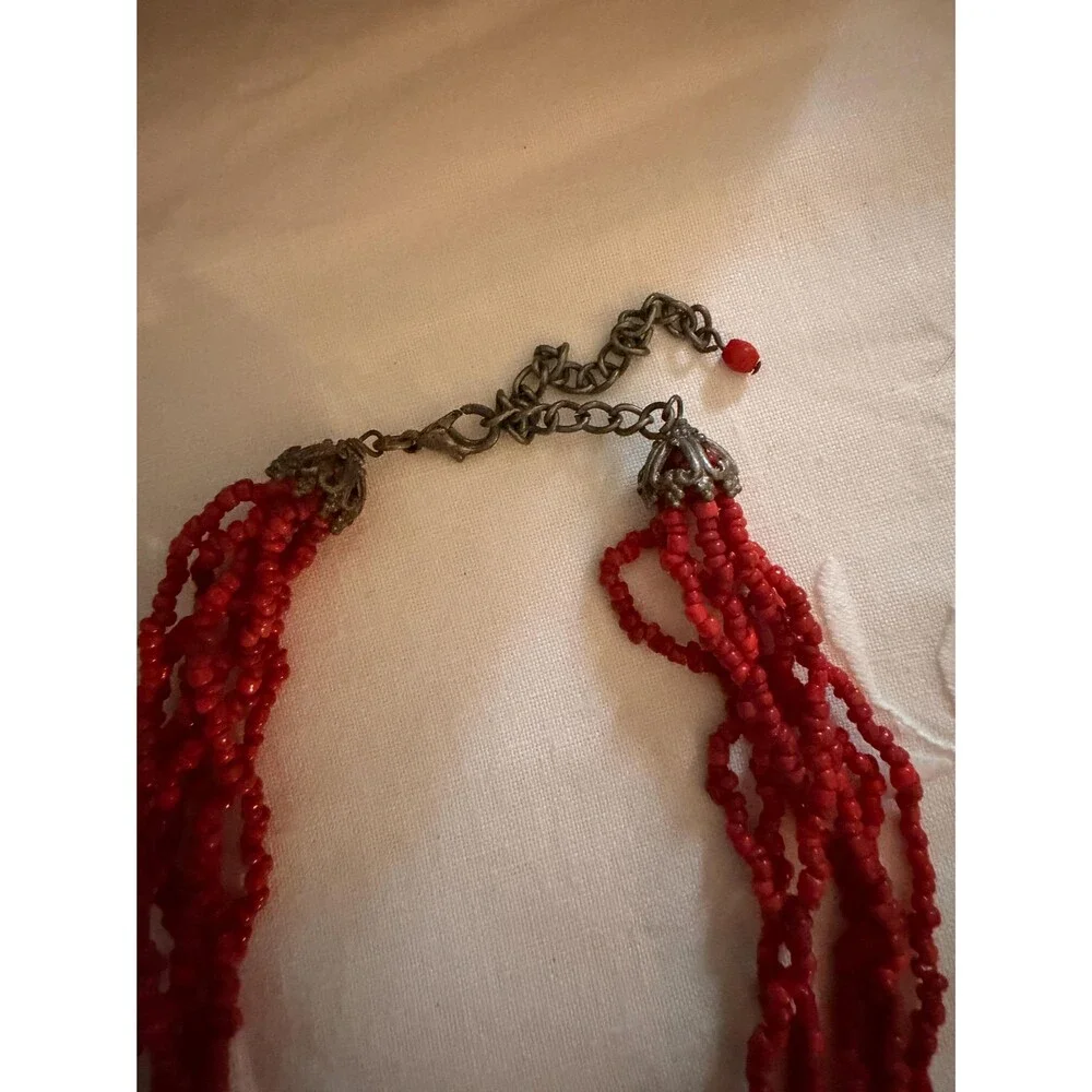 Vintage Red Multi Strand Beaded Necklace | Hand Carved Floral Pendant, Boho Stat
